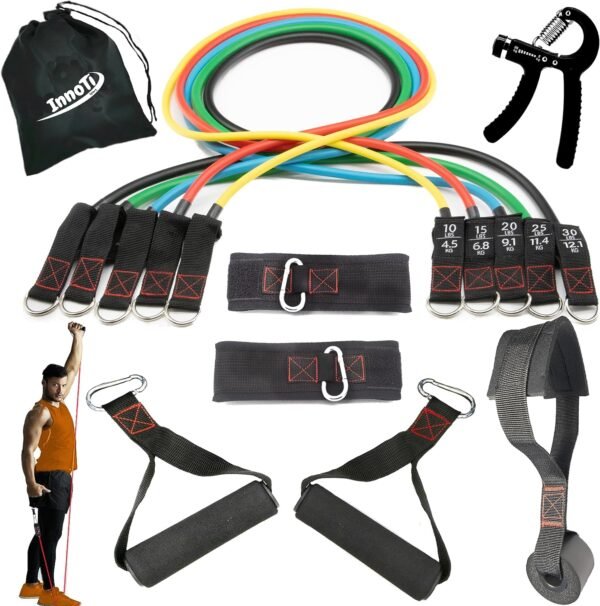 InnoTi Bandes Élastiques de Musculation et Fitness - Tubes de Résistance Latex avec Poignées et Rubans de Cheville Rembourrés - Pour Crossfit et Gym à Domicile - Ancre de Porte Incluse